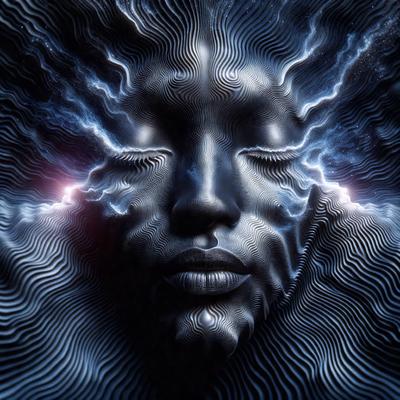 The primary subject of the image is a close-up of a woman's face, with her eyes closed. The setting is a dark, blue background, which adds to the overall mood of the image. The visual style is a combination of digital art and illustration, creating a striking and unique portrait. The colors are predominantly dark, with the blue background and the woman's eyes being the main focal points.